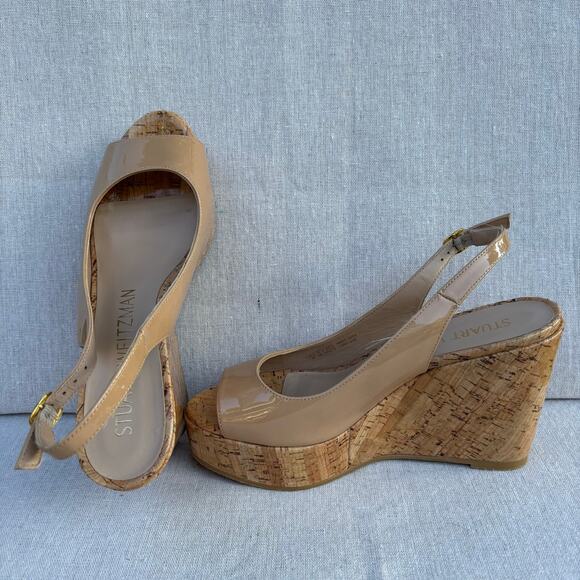 STUART WEITZMAN Wms Sz 7.5 Nude Patent-Leather Cork-Wedge Pumps 3.8" Heels SPAIN - Picture 3 of 8